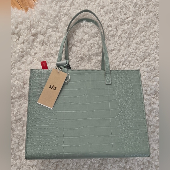 BNWT BEIS Tote Work bag Water Repellent Croc Embossed  Green Sage Pastel - Picture 13 of 13